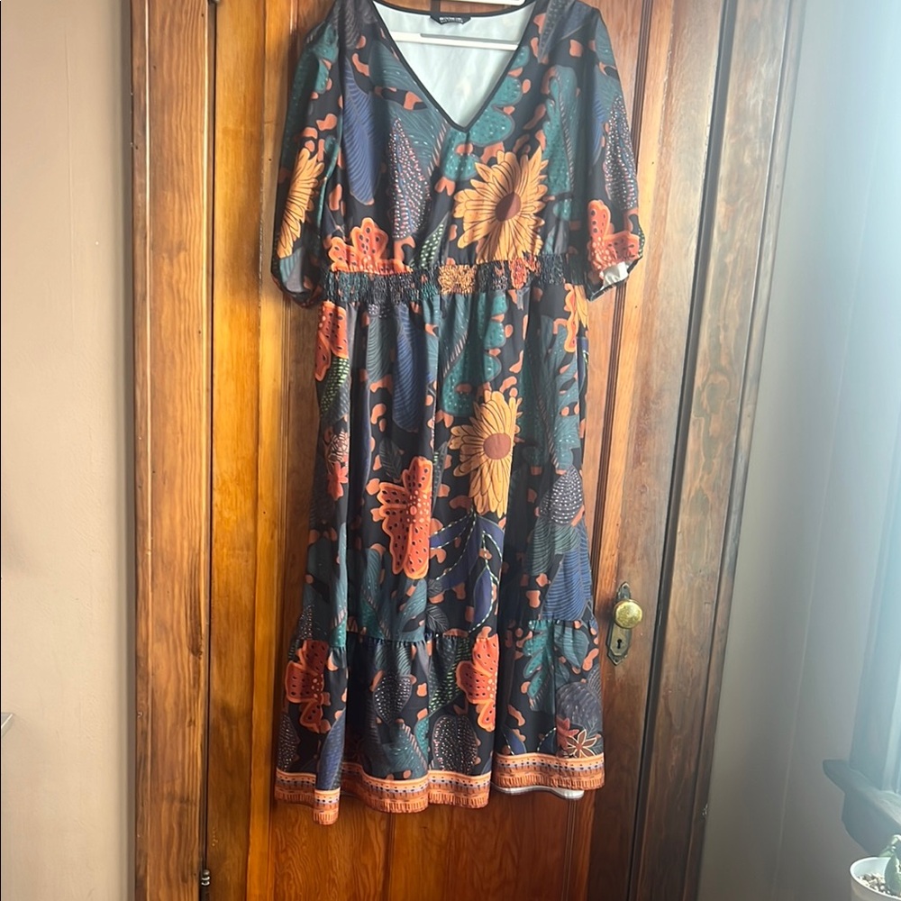 BloomChic Blue Puff Sleeve V-Neck Sundress